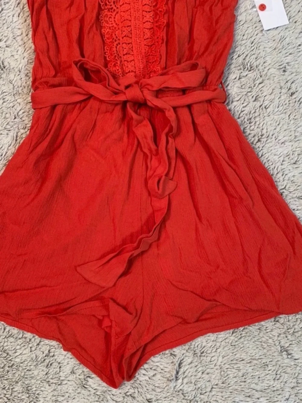 Charlotte Russe Coral-Red Crochet Trim Romper - Picture 4 of 4
